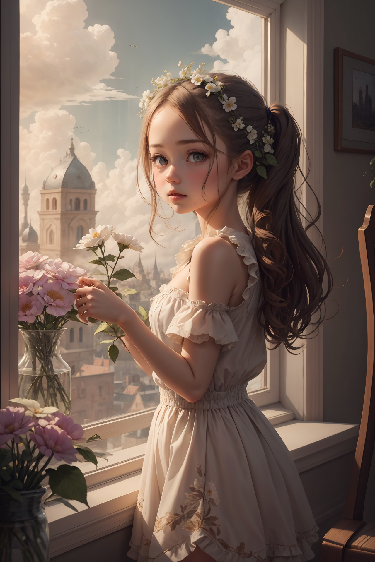 02849-2337308189-{best quality}, {{masterpiece}}, {highres},1girl,window,flower, cloudy sky, sunlight,.png